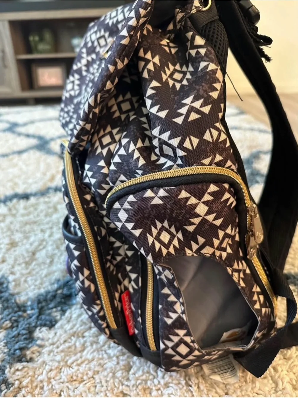 Fisher-Price Diaper Bag Backpack B/W Geometric Print Insulated Bottle Pockets